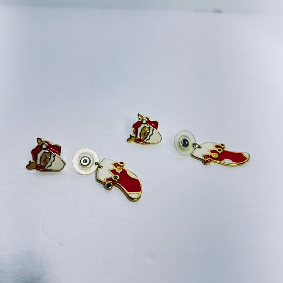 Vintage Santa In A Stocking Gold Tone Enamel Pierced Earrings (5632) - Picture 4 of 4